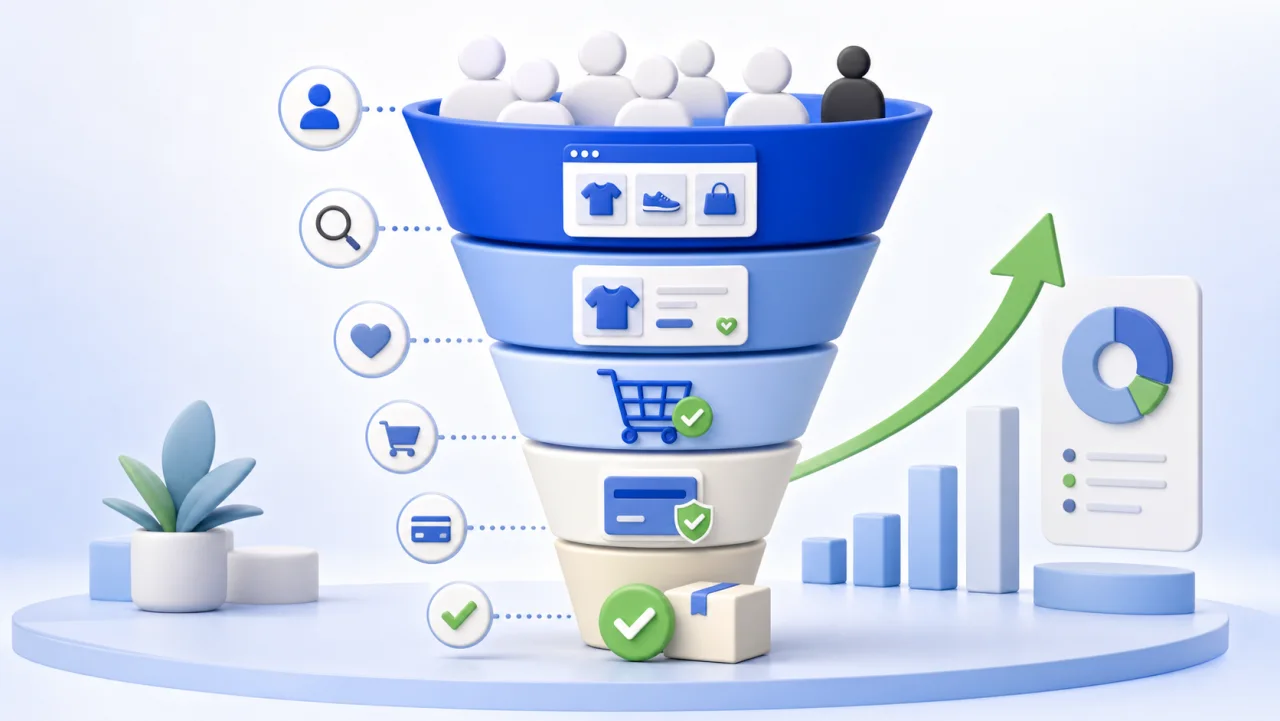 An ecommerce conversion funnel from store visit to completed order